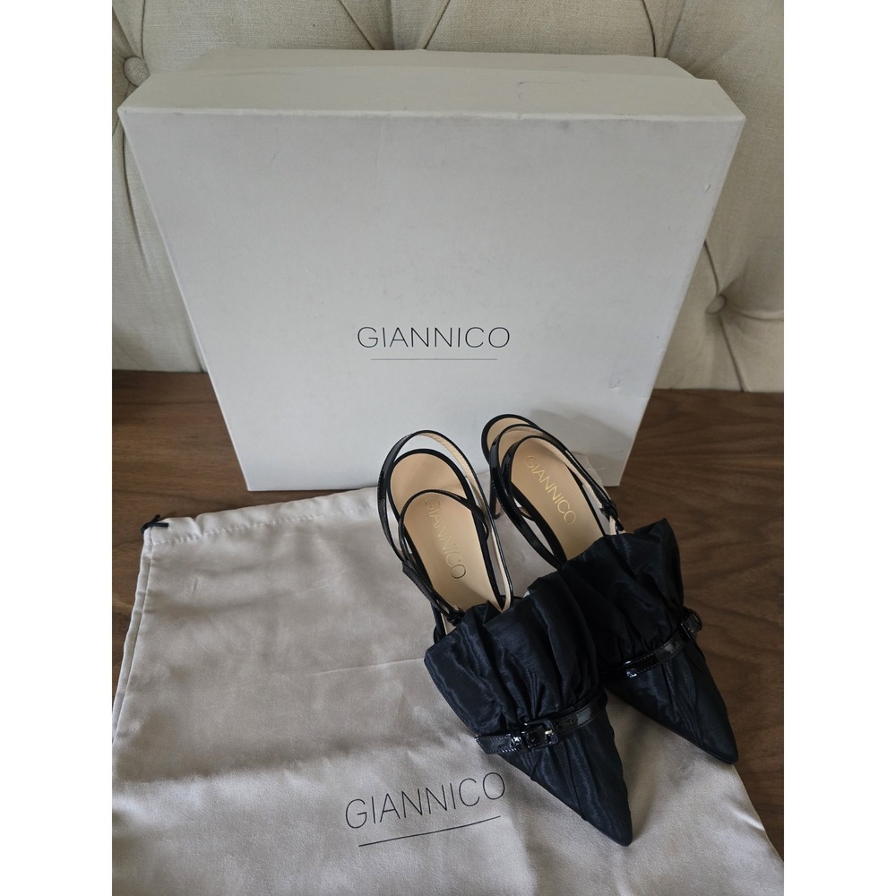 New Giannico Black Satin Slingback Pumps Heels EU 37 With Box Dust Bag